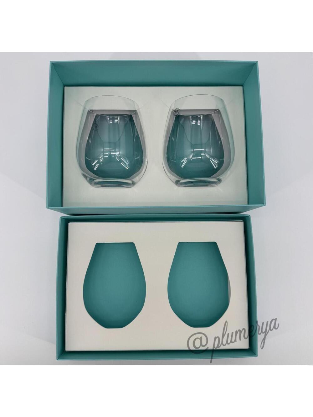 Tiffany & Co. Stemless Crystal Wine Glasses Set 2 Made in Italy New w/ Gift Bag